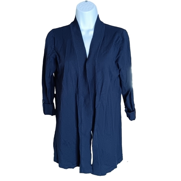 Laura Ashley Sweaters - Laura Ashley Open Front Cardigan Small Dark Blue Button Cuff Ribbed Edge Stretch